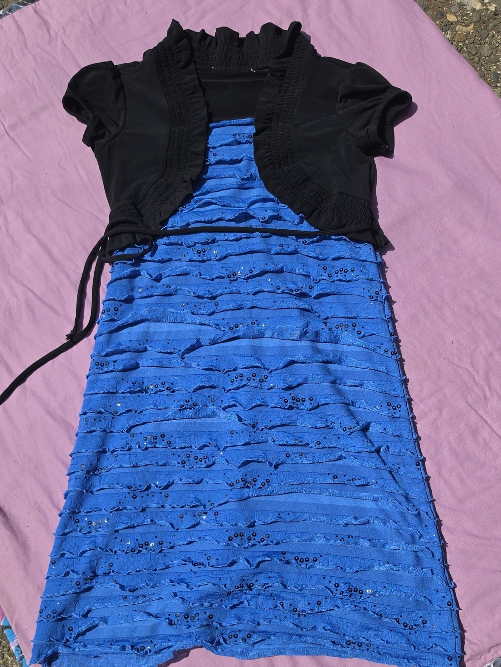 Source Unknown Black Shrug with Blue Ruffle Sequin Midi Dress